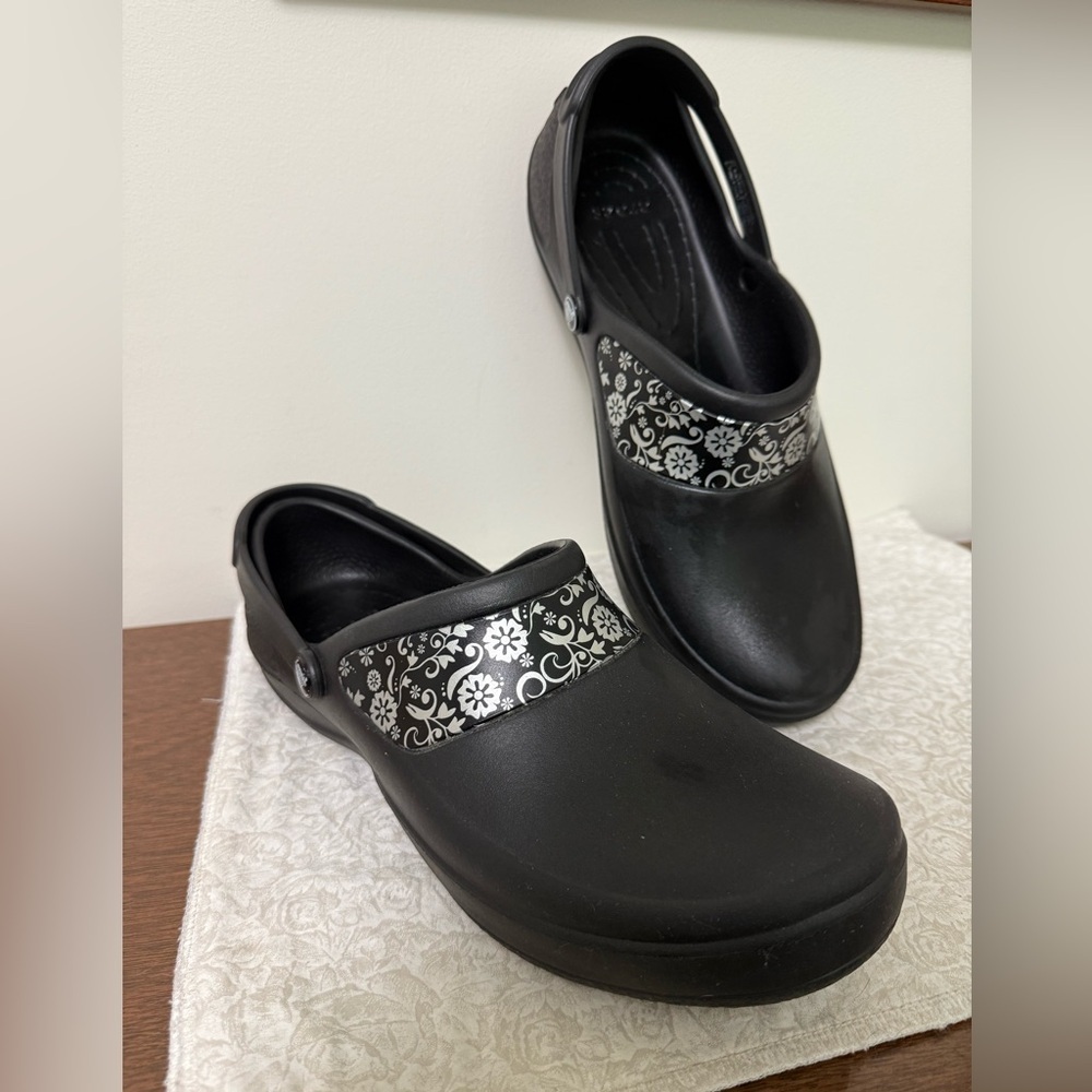 CROCS Black Mules with Decorative White Floral Strap